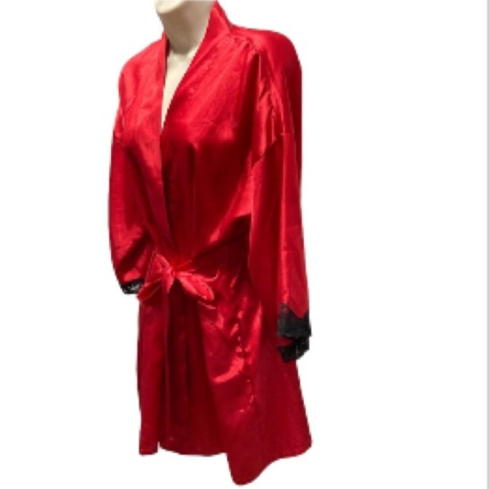 FREDERICKS OF HOLLYWOOD Harlow Satin Kimono Red Black Robe Womens Small